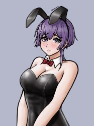 1girls alternate_costume animal_ears bangs bare_shoulders bernadetta_von_varley black_leotard blush breasts bunny_ears bunny_girl bunnysuit cleavage detached_collar embyarts eyebrows_visible_through_hair fake_animal_ears female female_only fire_emblem fire_emblem:_three_houses frown grey_background hair_between_eyes highres large_breasts leotard looking_at_viewer nintendo playboy_bunny post-timeskip purple_eyes purple_hair rabbit_ears short_hair short_hair_with_long_locks simple_background solo twitter_username