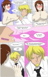 2boys blonde_hair blue_eyes blush brainwashing brown_eyes brown_hair clothed comic completely_nude embarrassed english_text femboy goatee horny huge_breasts moustache nipples nude rule_63 speech_bubble tfsubmissions