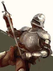 1boy armor body_hair bottomless erect_penis erection gibilynx hairy helmet knight male male_only male_pubic_hair mask masked masked_male medieval_armour original painting_(artwork) penis pubic_hair sallet solo sword uncensored