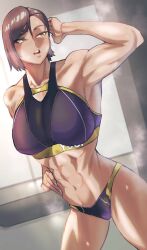 1girls abs athletic_female big_breasts brown_hair brunette fit_female jujutsu_kaisen kugara4423 kugisaki_nobara large_breasts light-skinned_female locker_room muscular_female short_hair sports_bra sportswear sweat