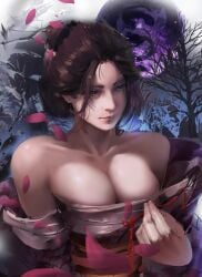 absurd_res bare_shoulders big_breasts brown_hair cleavage dark_hair emma_(sekiro) female female_only fromsoftware hair_bun hi_res mikakuwa nihongami off_shoulder painting_(artwork) sarashi sekiro:_shadows_die_twice solo updo upper_body very_high_resolution