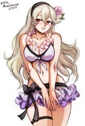 1girls alternate_costume anklet artist_name bare_shoulders bikini bikini_skirt black_bow bow breasts cleavage collarbone corrin_(fire_emblem) corrin_(fire_emblem)_(female) corrin_(summer)_(fire_emblem)_(female) cowboy_shot dated female female female_only fire_emblem fire_emblem_fates fire_emblem_heroes flower flower_necklace front-tie_top hair_flower hair_ornament hairband jewelry lei medium_breasts microskirt minacream navel official_alternate_costume red_eyes silver_hair simple_background skirt smile solo swimsuit thigh_strap white_background white_bikini white_swimsuit