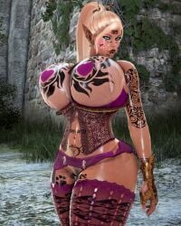 3d bdo bimbo black_desert_online breasts elf elves female huge_breasts piercing pubic_hair tattoo