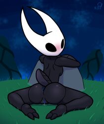 2022 anthro anus arthropod ass black_body black_eyes blue_anus blue_pussy bodily_fluids detailed_background empty_eyes fecharis female full-length_portrait genital_fluids genitals hi_res hollow_knight hornet_(hollow_knight) insects kneeling krackdown9 looking_back nude portrait pussy pussy_juice rear_view solo team_cherry video_games