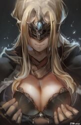 alternate_version_available big_breasts black_bra blindfold blonde_hair bra cleavage dark_souls dark_souls_3 dm-sheep female female_only fire_keeper fromsoftware lace-trimmed_bra long_hair mask open_clothes painting_(artwork) smile solo upper_body