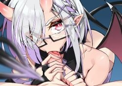 2021 2boys alternate_version_available blush blush fellatio femboy fingerless_gloves girly glasses grey_hair horns husun_wei incubus looking_at_viewer nail_polish nails original original_character pov pov_male red_eyes simple_background sucking sucking_penis tail two_tone_hair wings yaoi