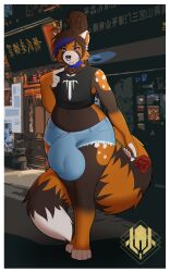 10:16 absurd_res ailurid anthro balls_outline big_bulge big_tail blue_eyes blue_hair brown_body brown_fur bulge clothing collar crop_top detailed_bulge flower fur genital_outline girly hair hi_res howenomad male male_only mammal orange_body orange_fur penis_outline plant red_panda rose_(flower) shinamin_ironclaw shirt slightly_chubby solo thick_thighs topwear white_body white_fur wide_hips