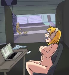 blonde blonde_hair blueycitrus breasts caught covering covering_breasts covering_crotch embarrassed embarrassed_nude_female enf headphones laptop naked naked_female nude nude_female sitting surprised