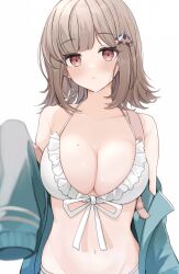 1girls absurdres adorable backpack bag bangs bare_midriff bare_shoulders belly big_breasts bikini blush blushing breasts brown_eyes brown_hair busty cleavage close-up collarbone commentary_request cute cute_but_busty danganronpa danganronpa_2:_goodbye_despair etoria eyebrows_visible_through_hair female female_focus female_only frilled_bikini frilled_swimsuit frills front-tie_bikini front-tie_top green_jacket hair_ornament head_tilt highres hourglass_figure huge_breasts human human_focus human_only jacket large_breasts long_sleeves looking_at_viewer midriff mole mole_on_breast nanami_chiaki navel off_shoulder official_alternate_costume parted_lips shortstack simple_background solo solo_female solo_focus stomach straight_hair super_danganronpa_2 swimsuit upper_body voluptuous voluptuous_female white_background white_bikini white_swimsuit