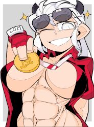 abs blind breasts cleavage demon_girl demon_horns helltaker horns justice_(helltaker) large_breasts medal muscular muscular_female navel one_eye_closed open_clothes open_shirt standing sunglasses sunglasses_on_head tagme toohandy white_eyes white_hair wink