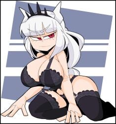 black_bra black_panties bra breasts cleavage demon_girl demon_horns demon_tail garter_belt garter_straps helltaker horns kneeling large_breasts lingerie lucifer_(helltaker) mole mole_under_eye no_shoes panties red_eyes slim_waist stockings tagme tail thighhighs toohandy white_hair