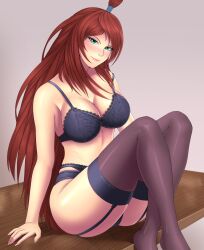 big_breasts blush bra breasts brown_hair cleavage female female_only garter_belt garter_straps green_eyes knees_up legs_together lingerie long_hair looking_at_viewer makeup mature mature_female mei_terumi midriff naruto naruto_(series) naruto_shippuden on_table panties pink_lipstick sitting sitting_on_table solo solo_focus stockings table tied_hair topknot underwear very_long_hair voluptuous zarukiya