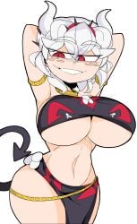 arms_behind_head arms_up beelzebub_(helltaker) breasts demon_girl demon_horns demon_tail earrings freckles helltaker horns large_breasts navel red_eyes slim_waist smile standing tagme tail thick_thighs thighs toohandy underboob white_hair