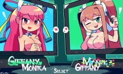 2girls areolae big_breasts blush breasts brown_hair bunny_ears crossover doki_doki_literature_club eye_contact female female_only giffany gravity_falls green_eyes hair_ribbon long_hair looking_at_viewer monika_(doki_doki_literature_club) multiple_girls nipples pink_eyes pink_hair smooth_skin spoken_heart text tony_welt trait_connection upper_body