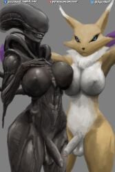 2018 2:3 3d_(artwork) alien alien_(franchise) alternate_version_at_source anthro ass bandai_namco belly big_breasts big_butt black_body black_skin black_tail blue_eyes breast_squish breasts breasts_frottage canid canine claws digimon digimon_(species) digital_media_(artwork) dorsal_tubes duo eyeless fangs flaccid foreskin fur genitals glistening glistening_body glistening_skin grey_background gynomorph gynomorph/gynomorph hi_res humanoid humanoid_on_anthro intersex intersex/intersex larger_gynomorph larger_intersex lips long_ears mammal multicolored_body multicolored_fur nihilophant nude penis raised_arm renamon seductive shaded sharp_teeth simple_background size_difference smile snout squish standing teasing teeth text thick_thighs tubes white_body white_fur wide_hips xenomorph yellow_body yellow_fur