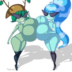 adventure_time blue_skin dollification female green_skin huge_breasts huntress_wizard knick_knack nirriti permanent_smile sunglasses sunnification sunny_miami thick_thighs transformation water_nymph wide_hips