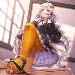 1boy asisuki clothed_female_nude_male cum cumshot female femdom kizuna_akari mary_janes shoejob shoes small_penis stepped_on stepping_on_penis stockings trample twin_braids twintails vocaloid voiceroid