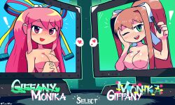 2girls areolae big_breasts blush breasts brown_hair crossover doki_doki_literature_club eye_contact female female_only giffany gravity_falls green_eyes hair_ribbon long_hair looking_at_viewer monika_(doki_doki_literature_club) multiple_girls nipples pink_eyes pink_hair smooth_skin spoken_heart text tony_welt trait_connection upper_body