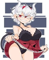 beelzebub_(helltaker) black_bra black_panties bra breasts cleavage demon_girl demon_horns demon_tail dress dress_lift earrings freckles grin helltaker horns large_breasts lingerie looking_at_viewer panties presenting presenting_panties red_eyes short_hair slim_waist tagme tail thighs toohandy white_hair