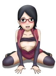 big_breasts black_hair blush boruto:_naruto_next_generations bottomless breasts female female_only glasses long_hair looking_at_viewer maaji_merge naruto naruto_(series) no_bra no_panties on_knees open_clothes partially_clothed petite sarada_uchiha shirt sleeveless sleeveless_shirt smaller_female solo solo_focus spread_legs tubetop underboob unzipped