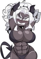 abs angry arms_behind_head arms_up bikini black_bikini blush bondage breasts chains cleavage demon_girl demon_horns demon_tail embarrassed helltaker horns judgement_(helltaker) large_breasts muscular muscular_female ponytail tagme tail tears toohandy white_eyes white_hair