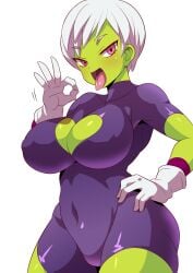 1girls alien alien_girl anime_style black_pupils cheelai curvaceous dragon_ball dragon_ball_super female female_only green-skinned_female green_skin hi_res konno_tohiro nipple_bulge ok_sign pink_eyes pink_tongue purple_outfit saankyu skin_tight suggestive suggestive_look tight_clothing tongue_out voluptuous white_background white_eyebrows white_gloves white_hair