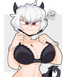 angry black_bra black_panties bra breasts cleavage demon_girl demon_horns demon_tail helltaker horns large_breasts lingerie malina_(helltaker) navel panties panties_around_tail panties_on_tail red_eyes short_hair slim_waist tagme tail toohandy white_hair