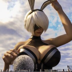 1girls 3d big_breasts blindfold bradengts breasts bunny_ears bunnysuit city clothing female female_only giantess huge_breasts light-skinned_female light_skin macro nier nier:_automata nipples solo solo_female white_hair yorha_2b