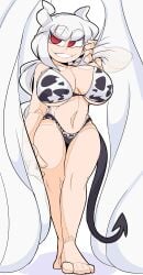 barefoot bikini breasts cleavage cow_bikini cow_print demon_girl demon_horns demon_tail helltaker horns large_breasts looking_at_viewer lucifer_(helltaker) mole mole_under_eye navel red_eyes slim_waist smile standing tagme tail thighs toohandy white_hair