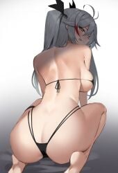 :p ass azur_lane back backboob barefoot bikini black_bikini black_ribbon blush breasts brown_eyes female grey_hair hair_ribbon highres long_hair looking_at_viewer micro_bikini mitsukichi prinz_eugen_(azur_lane) red_hair ribbon sitting smile solo swimsuit tongue tongue_out twintails wariza