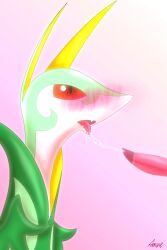 2:3 agent_0730 blush bodily_fluids cum digital_drawing_(artwork) digital_media_(artwork) featureless_chest female feral feral_on_feral genital_fluids genitals green_body hi_res nintendo open_mouth plant pokémon_(species) pokemon serpentine serperior solo tongue tongue_out video_games