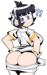 ?! ass azazel_(helltaker) black_hair blue_eyes dressing gloves halo helltaker looking_back no_panties pants pants_pull short_hair slim_waist standing sweat toohandy wavy_mouth