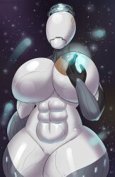 absurd_res big_breasts breasts detailed_background faceless_character faceless_female female genitals goldcrustedchicken hi_res huge_breasts humanoid machine multicolored_body muscular muscular_female nova_(warframe) pussy robot solo video_games warframe white_body