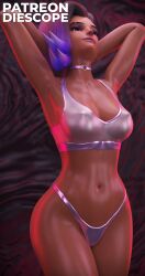 1girls 3d blender blizzard_entertainment blurry_background breasts dark_skin diescope female female_only hi_res latex latex_clothing latina legs necklace overwatch pose purple_eyes purple_hair purple_lipstick pussy pussy_peek solo solo_female sombra standing thick_thighs transparent_clothing