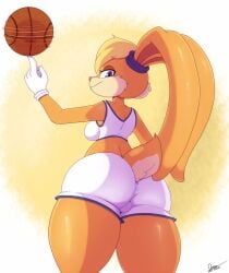 anthro ass basketball big_ass bigdon1992 blonde_hair blue_eyes breasts female female_only fur furry furry_only genitals hair hi_res lagomorph leporid lola_bunny looking_at_viewer looney_tunes mammal rabbit rear_view shorts simple_background solo solo_female space_jam tail thick_thighs warner_brothers