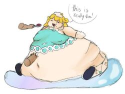 bbw belly_button disembodied_hands fat force_feeding huge_belly human immobile marle marle_(puyo_puyo) morbidly_obese morbidly_obese_female obese obese_female puyo_puyo puyo_puyo_tetris puyo_puyo_tetris_2 ssbbw text yellow_hair