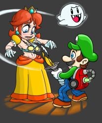 1boy accidental_exposure blue_eyes blush boo_(mario) bra breasts brown_hair cleavage clothes_sucked_off clothing crown dress earrings embarrassed euf female floating gloves grin hat headwear jewelry luigi luigi's_mansion male mario_(series) navel nintendo open_mouth princess_daisy puffy_short_sleeves puffy_sleeves short_sleeves smile standing super_mario_bros. tomboy torn_clothes torn_dress underwear vacuum_cleaner