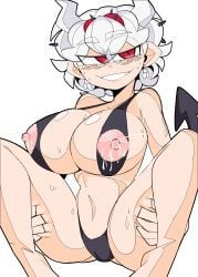 barefoot beelzebub_(helltaker) breasts demon_girl demon_horns demon_tail earrings freckles helltaker horns lactation large_breasts navel nipples red_eyes sitting slim_waist spread_legs swimsuit tagme tail toohandy white_hair