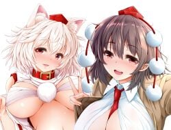 2girls alternate_costume animal_ears bare_shoulders blush breasts brown_jacket chest_sarashi clothes_lift collar collarbone collared_shirt comiket_91 detached_sleeves hat huge_breasts jacket koza900 large_breasts lifted_by_self long_sleeves midriff momiji_inubashiri multiple_girls navel necktie no_wings open_mouth pointy_ears pom_pom_( red_collar red_eyes red_headwear red_necktie sarashi shameimaru_aya shameimaru_aya_(newsboy) shirt shirt_lift simple_background sleeveless sleeveless_shirt suit_jacket tail tokin_hat touhou turtleneck unbuttoned unbuttoned_shirt white_background white_hair white_shirt white_sleeves wolf_ears wolf_tail