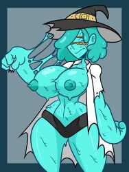 alchemist big_breasts black_panties goggles labcoat polly_mercury ripped_clothing slime slime_girl thick_thighs wide_hips witch_hat