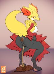 absurd_res anthro anus ass black_body black_fur bodily_fluids bottomwear clothed clothing clothing_lift delphox feces female fur genital_fluids genitals hi_res jooper nintendo orange_body orange_eyes orange_fur peeing pokémon_(species) pokemon pussy raised_tail rear_view red_body red_fur scat scat skirt skirt_lift solo urine video_games watersports white_body white_fur yellow_body yellow_fur