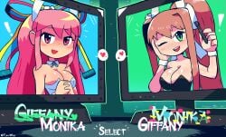 2girls big_breasts blush breasts brown_hair bunny_ears bunnysuit crossover doki_doki_literature_club eye_contact female female_only giffany gravity_falls green_eyes hair_ribbon long_hair looking_at_viewer monika_(doki_doki_literature_club) pink_eyes pink_hair smooth_skin spoken_heart text tony_welt trait_connection upper_body