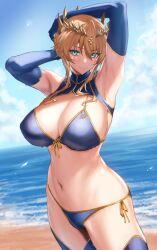 alternate_version_available armpits artoria_pendragon_(lancer) barefoot beach big_ass big_breasts bikini blonde_hair blue_bikini blue_eyes blue_sky crown fate/grand_order fate_(series) gloves hand_behind_head hand_on_head hourglass_figure huge_ass huge_breasts large_ass large_breasts looking_at_viewer midriff presenting_armpit public showing_armpits sky smile smirk stomach taller_girl thick_thighs thighhighs ulrich_(tagaragakuin) voluptuous