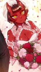 1girls bouquet bride color colored demon demon_girl earrings flowers freckles horns looking_at_viewer meru_(merunyaa) merunyaa monster_girl original original_character pointy_ears red_skin short_hair straight_hair succubus succubus_horns wedding wedding_dress wholesome yellow_eyes