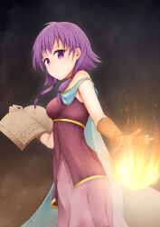 1girls alternate_version_available book breasts female female_only fire_emblem fire_emblem:_the_sacred_stones kuronuketaiyo looking_at_viewer looking_back lute_(fire_emblem) magic nintendo purple_eyes purple_hair small_breasts solo