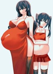 2girls belly belly_button big_belly big_breasts black_hair breasts choker cleavage daughter dress erect_nipples female female_only kanado444 large_belly large_breasts mature_female milf mother mother_and_daughter navel nipple_bulge nipples outie outie_navel pregnant red_dress shirt smile thighhighs thighs tube_top