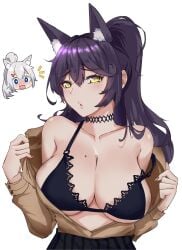 2girls :o absurdres animal_ears bangs bare_shoulders black_bra black_skirt blue_eyes blush bra breasts brown_shirt choker collarbone collared_shirt dress_shirt eyebrows_visible_through_hair female fox_ears fox_girl hair_between_eyes highres indie_virtual_youtuber lace lace-trimmed_bra lace_trim large_breasts light-skinned_female light_skin long_hair long_sleeves looking_at_viewer ltsum_(泡麵) meridian_project mizuki_(vtuber) mole mole_on_breast nail_polish open_clothes open_shirt ponytail purple_hair seki_(vtuber) shirt simple_background skirt solo_focus strap_slip underwear virtual_youtuber white_background yellow_eyes