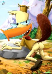 1boy anus ass balls bbmbbf camp_lazlo edward_(camp_lazlo) looking_at_viewer male male_only open_mouth palcomix penis platypus rear_deliveries solo tongue