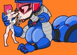 1boy 1girls big_ass big_breasts brawl_stars colt_(brawl_stars) cum cum_in_mouth fingerless_gloves giantess helmet jacky_(brawl_stars) muscular_male oral pink-tinted_eyewear pink_eyes santiago951 size_difference thick_thighs tinted_eyewear ultra_driller_jacky_(brawl_stars) visor