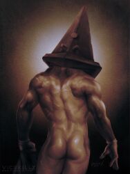 ass back_muscles gloves helmet humanoid male male_only muscular muscular_male naked_gloves nude painting_(artwork) pyramid_head rear_view scars silent_hill silent_hill_2 solo vicekillx white_gloves